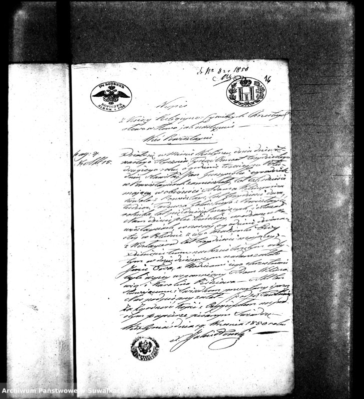 image.from.unit.number "Dowody do aktów małżeństw Parafii Ewangelickiey Wiżayny z roku 1850"