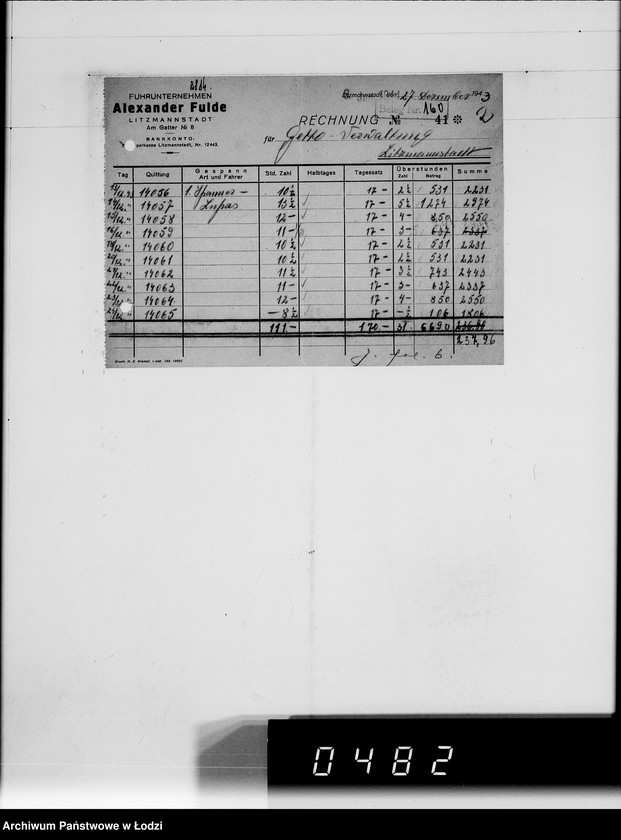 Obraz 6 z jednostki "A.Fulde [rachunki za usługi transportowe dla Getta]"