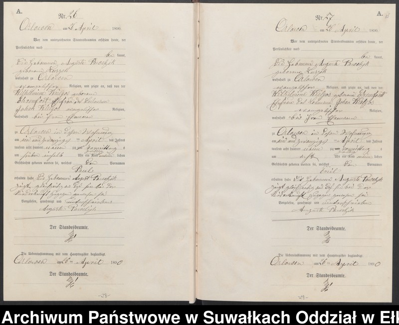 image.from.unit.number "Geburts-Neben-Register des Preussischen Standes-Amtes Orlowen Kreis Loetzen für das Jahr 1890"