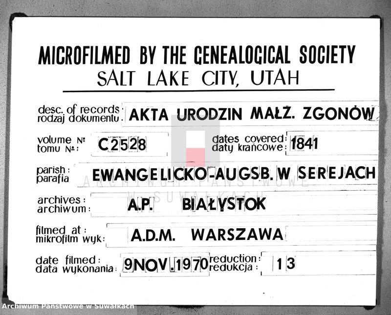image.from.unit.number "Księga Duplikat do zapisywania Aktów Urodzenia, Zaślubienia i Zeyścia na Rok 1841 dla Parafii Ewangelickiey Sereyskiey"