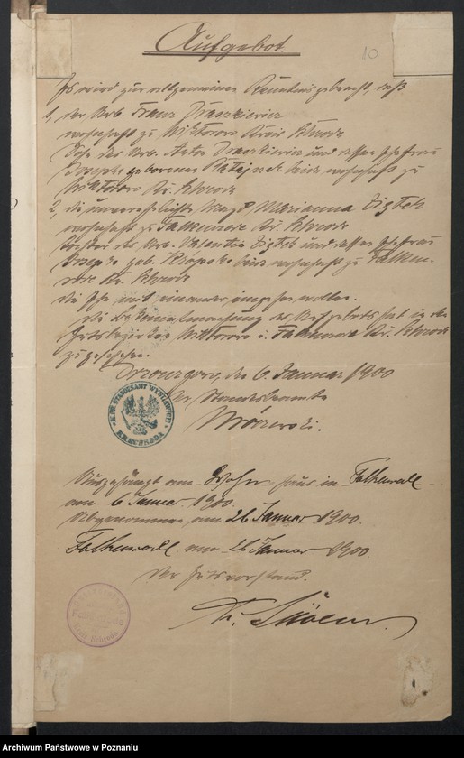 image.from.unit.number "Acta des Königlichen Standesamts Wyslawice Kreis Schroda betreffend die Aufgebotsverhandlungen pro 1900"