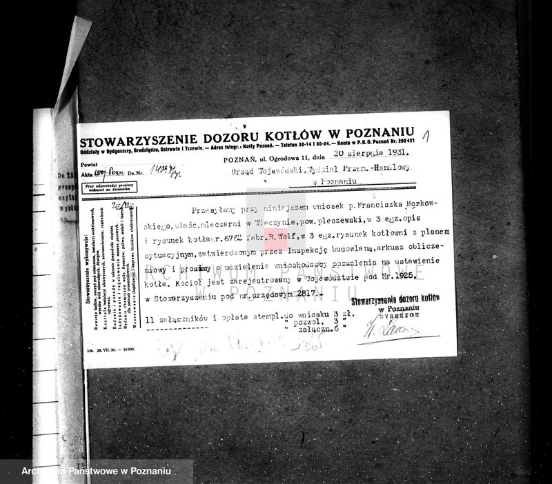 Obraz 5 z jednostki "Mleczarnia w Wieczynie pow. jarociński własność Fr. Borkowski nr fabr kotła 6762, nr woj. kotła 1925"