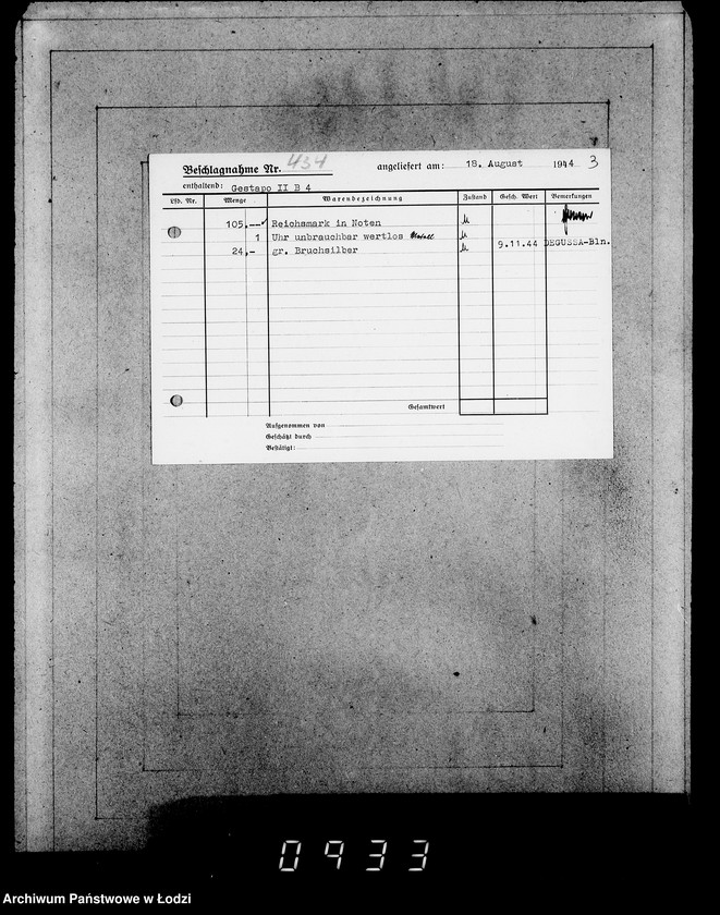 Obraz 7 z jednostki "Gestapo Kulmhof Leslau 400-436 [Kartoteka skonfiskowanego majątku ruchomego u Żydów]"
