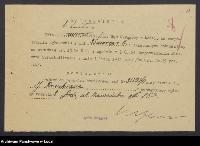 Obraz 13 z jednostki "Josek Rozenkranc – wyrób i sprzedaż towarów bawełnianych i bawełniano-wigoniowych"