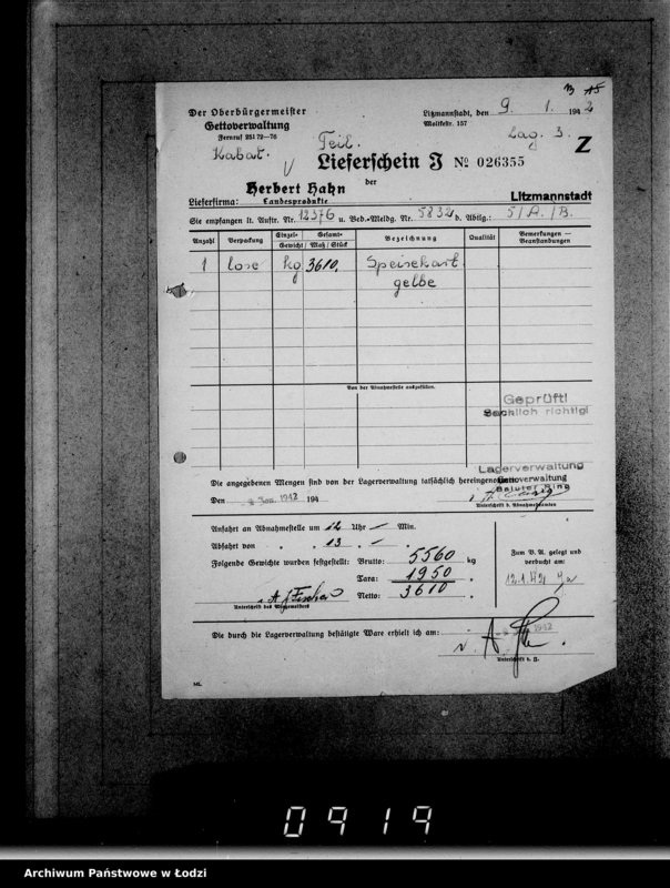 Obraz 17 z jednostki "Aufträge [Lieferscheinen und Rechnungen] 12321-12376 Lebensmitteleinkauf 5/Mü [Dostawa żywności dla Getta i dla obozu cygańskiego]"