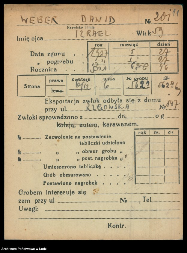 Obraz 12 z jednostki "Kartoteka osób pochowanych na cmentarzu żydowskim przy ulicy Brackiej w latach 1892-1957. Nazwiska na litery: Wd-Wis"