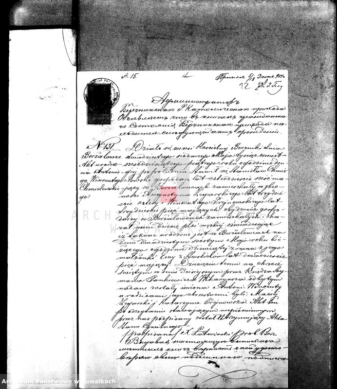 Obraz 16 z jednostki "Dokumenty k aktam brakosočetavšichsja Sejnskago Rimsko-Katoličeskago Prichoda za 1901 god."