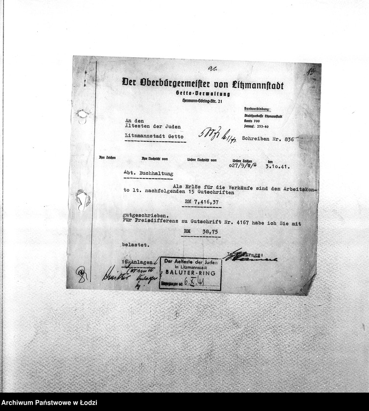 Obraz 16 z jednostki "Sonderkonto [Korespondencja PSŻ z GV w sprawach buchalteryjnych: uznanie konta za przekazane Niemcom mienie żydowskie i dostarczoną siłę roboczą w zamian świadczeń ze strony GV]"