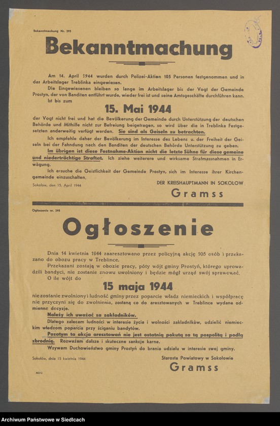 Obraz 8 z kolekcji "Afisze okupacyjne powiatu sokołowskiego 1939-1944.111"
