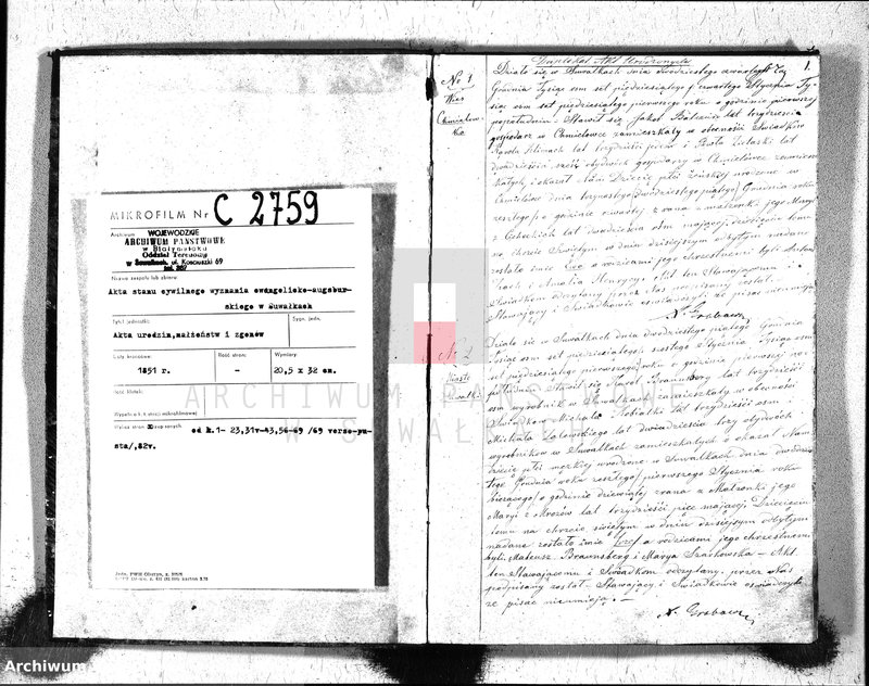 image.from.unit.number "Duplikat Akt Urodzonych, Zaślubionych i Zeszłych Parafij Ew. Augsburgskiey Suwałki za rok 1851"