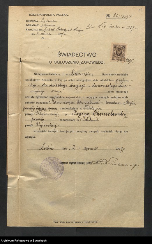 Obraz 13 z jednostki "Aneksa Aktów Ślubnych Rz-Katolickiej par. Wigierskiej za 1927 rok"