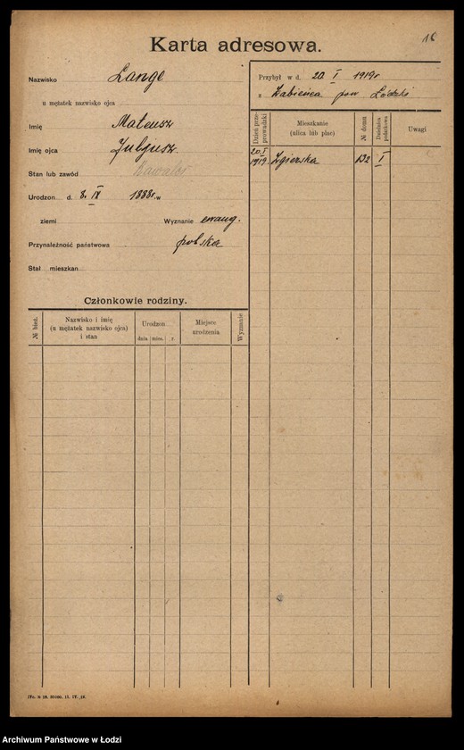 Obraz 18 z jednostki "[Spis ludności Łodzi] Lange - Langner"