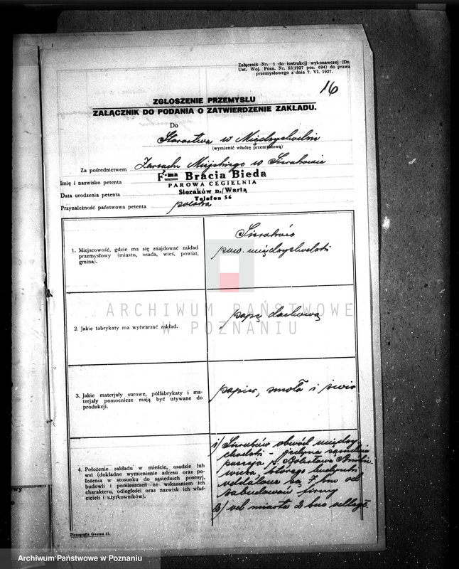 image.from.unit.number "Zatwierdzenie zakładu przemysłowego / wytwórni tektury dachowej/ Braci Buda w Sierakowie, pow. międzychodzki"