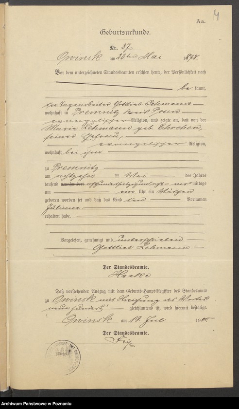 Obraz 6 z jednostki "Die von den Verlobten beigebrachten Urkunden zur Eheschliessung pro 1900"