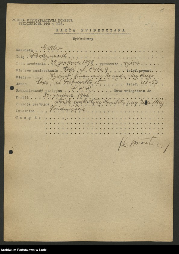 Obraz 16 z jednostki "Karty ewidencyjne wykładowców szkoły partyjnej /A-Z/"