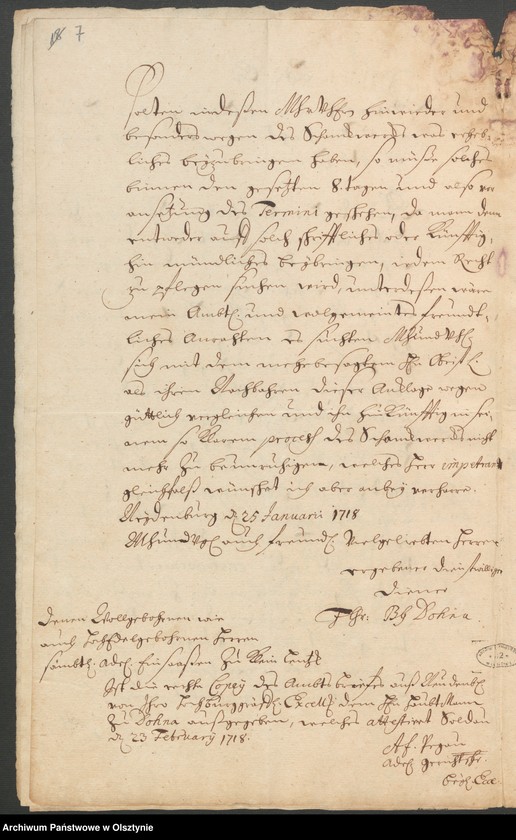 image.from.unit.number "In S. [Sachen] Gottfried von Schönaich Obristliet. [Obristlieutenant] Christoph Henrich von Gersdorff, Verweser zu Neidenburg [Nidzica], wegen Bier, und Brandtwein Schanks in Klein Lentzko [Mały Łęck]"