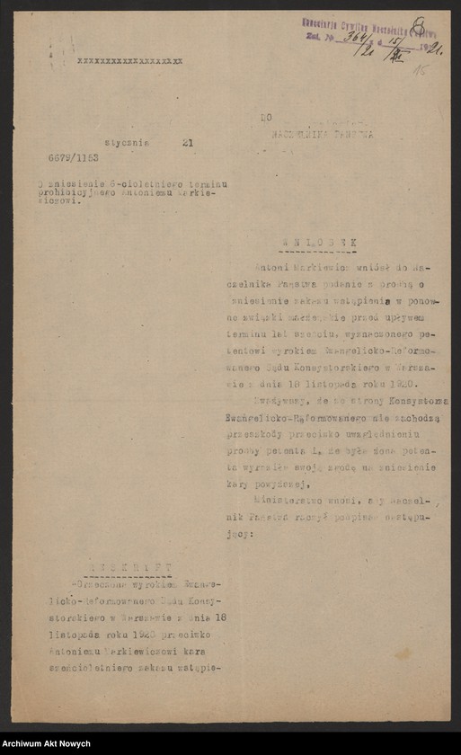 image.from.unit.number "Zniesienie wyroków Ewangelickich Sądów Konsystorskich: Augsburskiego i Reformowanego, o sześcioletnim terminie zakazu wstąpienia w ponowne związki małżeńskie oraz zakazu 10 miesięcznego.Reskrypty Naczelnika Państwa, wnioski, korespondencja z Min. Wyznań Religijnych i Oświecenia Publicznego"