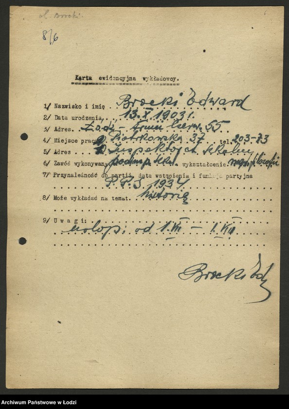 Obraz 7 z jednostki "Karty ewidencyjne wykładowców szkoły partyjnej /A-Z/"