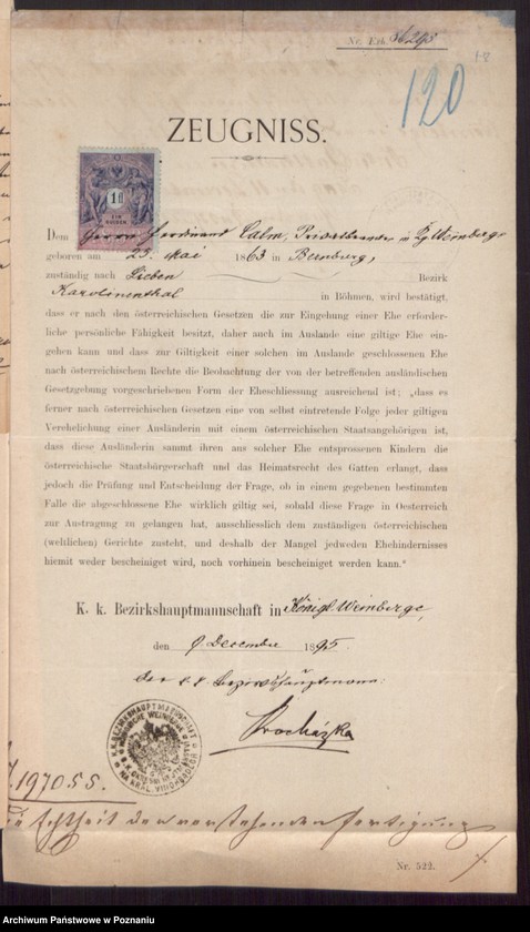 Obraz 20 z jednostki "Die von den Verlobten beigebrachten Urkunden zur Eheschliessung pro 1896"