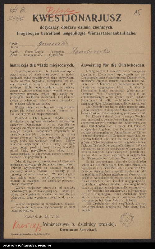 Obraz 17 z jednostki "[Kwestionariusze dotyczące obszaru ozimin zaoranych, powiat gniewski]"