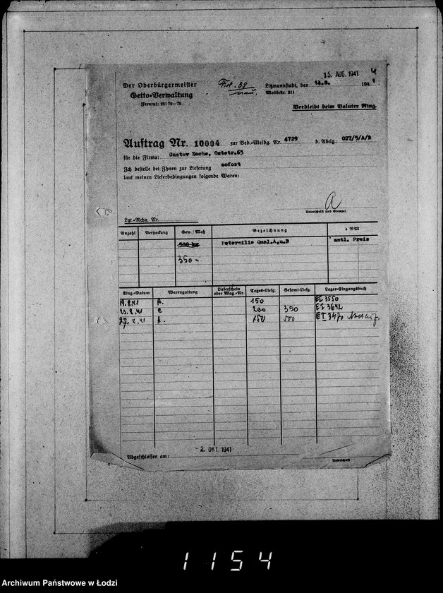 Obraz 8 z jednostki "Erledigte Aufträge von 10000-10999 [Zrealizowane zamówienia na produkty żywnościowe, oleje i inne towary dla Getta]"