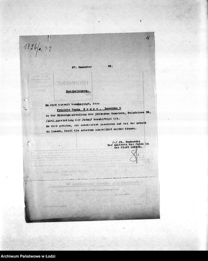 Obraz 14 z jednostki "Sprawy zaświadczeń [m.in. o zatrudnieniu mieszkańców getta, wysokości poborów, miejscu zamieszkania, sytuacji materialnej, wsparciach pieniężnych]"