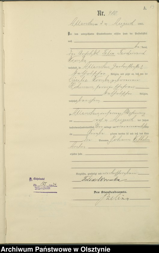 image.from.unit.number "Geburts-Haupt-Register Tom II, Nr 399 - 722"