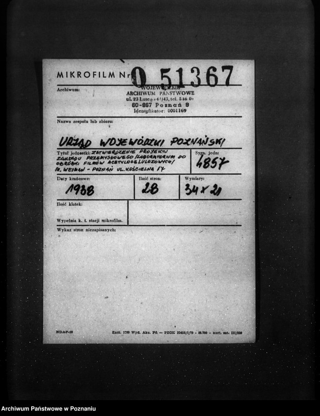 Obraz 2 z jednostki "Zatwierdzenie projektu zakładu przemysłowego /laboratorium do obróbki filmów acetylocelulozowych/ M. Wejman Poznań ul. Kościelna 17"