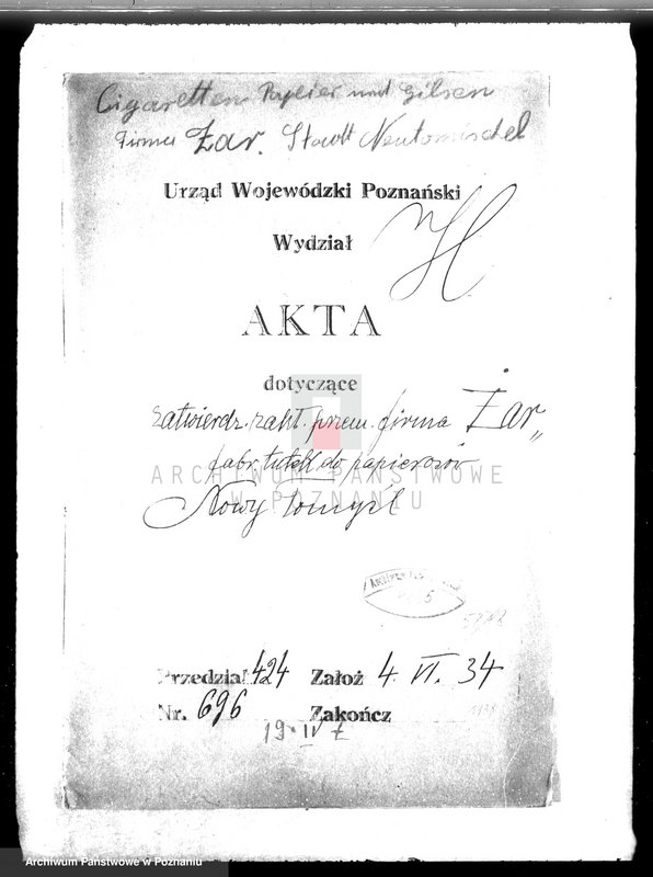 Obraz 4 z jednostki "Zatwierdzenie zakładu przemysłowego firmy "Żar" /fabryki tutek do papierosów/ w Nowym Tomyślu"