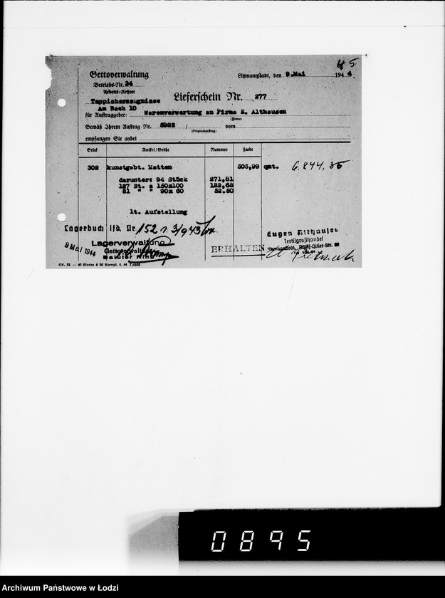Obraz 9 z jednostki "Auftrag 592 Warenverwertung von den Judenältesten für Eugen Althausen Litzmannstadt"