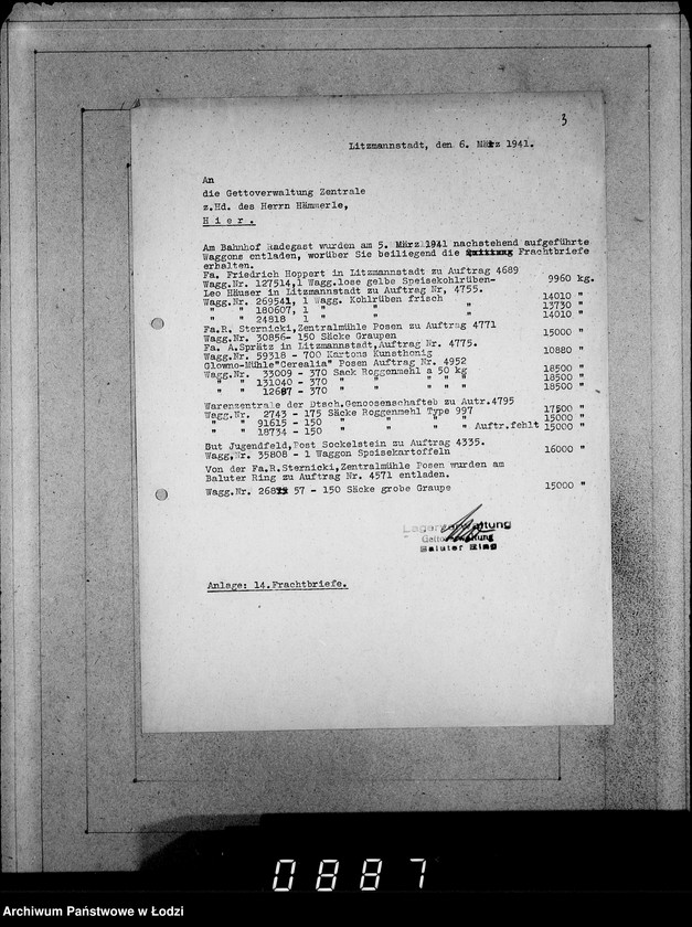 Obraz 7 z jednostki "Ablage [Korespondencja dostawców do Getta dot.wagonowych przesyłek produktów żywnościowych, opału do stacji Radogoszcz]"
