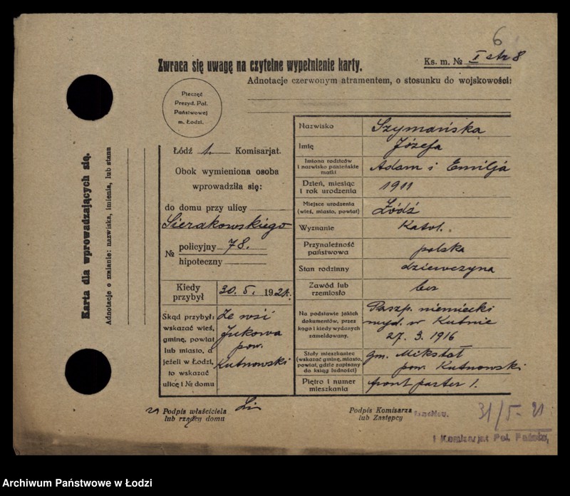 Obraz 8 z jednostki "[Spis ludności Łodzi] Szymański-Szymczacka"