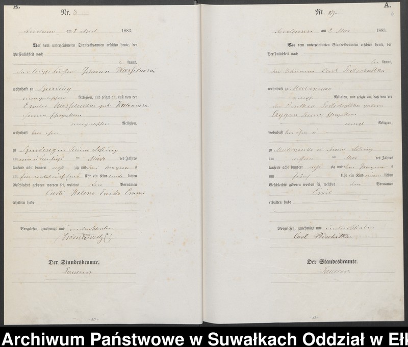 image.from.unit.number "Geburts-Haupt-Register des Königlich Preussischen Standes-Amtes Forstrevier Nicolaiken Kreis Sensburg für das Jahr 1883 [do 1887]"