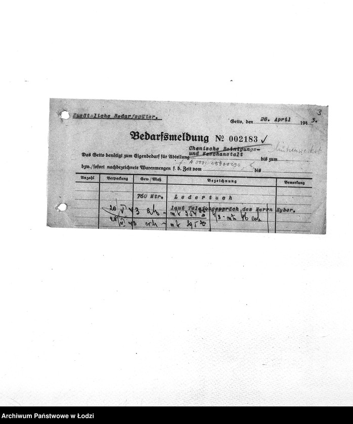 Obraz 6 z jednostki "Bedarfsmeldungen [Skierowane do GV zapotrzebowania na surowce, materiały, narzędzia, maszyny itp. potrzebne resortom pracy do produkcji; zamówienia żywności, lekarstw]"