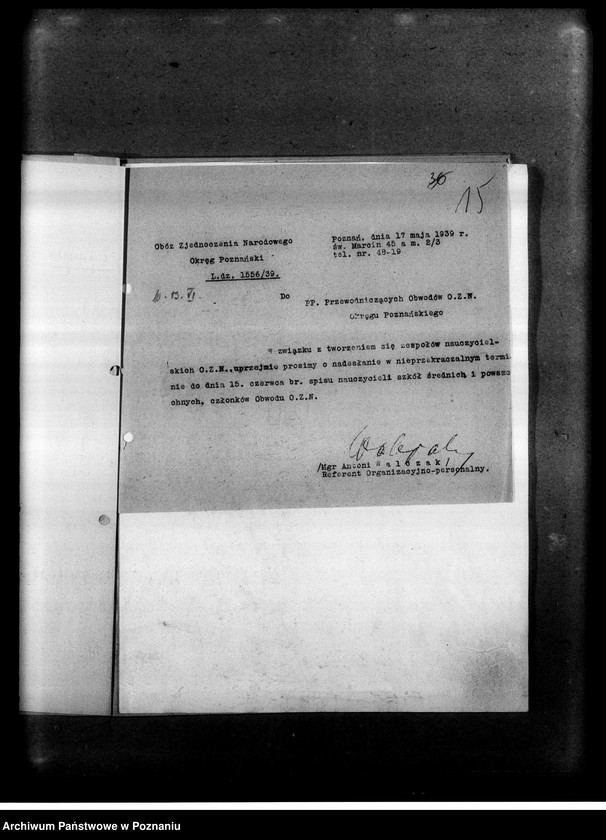 Obraz 18 z jednostki "Pisma okólne, instrukcje oraz korespondencja dotycząca organizacji i zadań zespołów nauczycielskich Obozu Zjednoczenia Narodowego. Listy obecnych na odprawach delegatów w/w sprawie"