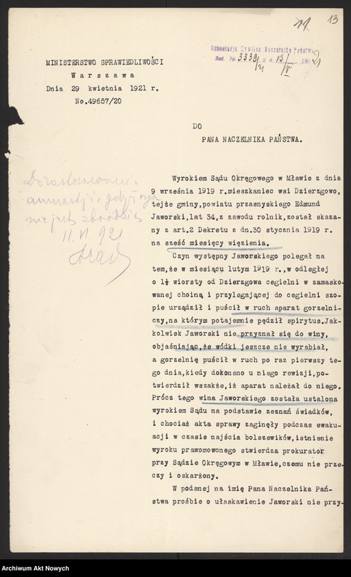 image.from.unit.number "Ułaskawienia z b. Kongresówki - nieuwzględnione, ale najczęściej objęte amnestią, dotyczące zabójstw, pobicia, kradzieży, oszustwa, spraw mieszkaniowych, gorzelnictwa, zniesławienia, zniewagi duchowieństwa i obrządków kościoła rzymsko - katolickiego, wykroczeń funkcjonariusza policji, występowania przeciw służbie wojskowej oraz powtarzania w czasie odwrotu wojska polskiego rzekomych wieści o jego klęskach"