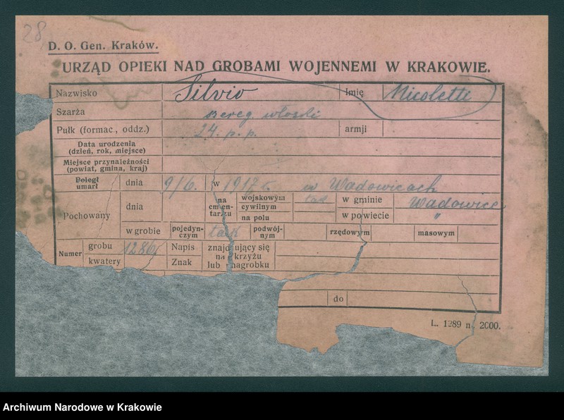 image.from.unit.number "Karty ewidencyjne zmarłych Włochów na terenie miejscowości: Kraków, Oświęcim, Zakopane, Bielsko, Aleksandrowice, Wadowice, Tanów."