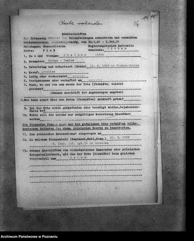 Obraz 20 z jednostki "Amtliche Meldungen Kreis Pless (Pszczyna)"