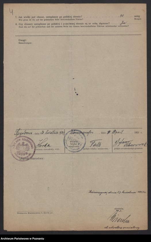 Obraz 5 z jednostki "[Kwestionariusze dotyczące stwierdzenia gruntów znajdujących się po niemieckiej stronie pogranicza a zarządzanych przez zamieszkałych po stronie polskiej] powiat kościański"