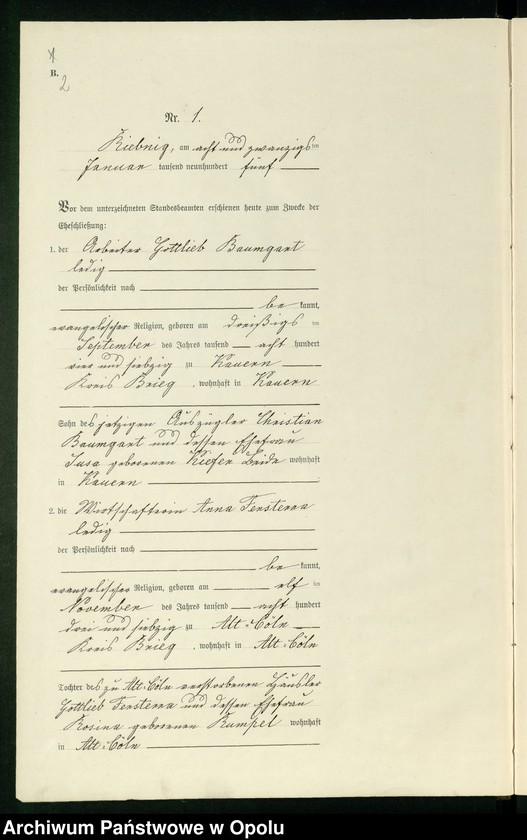 Obraz 5 z jednostki "Heiraths-Neben-Register Standes-Amt Riebnig 1905"