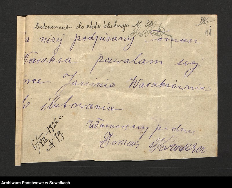 image.from.unit.number "Dokumenty Przedstawione do ślubnych aktów w roku 1926, Filipowskiej Rzymsko-Katolickiej parafji."