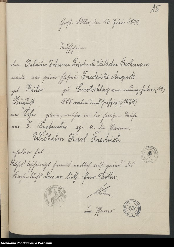 Obraz 17 z jednostki "Die von den Verlobten beigebrachten Urkunden zur Eheschliessung pro 1899"