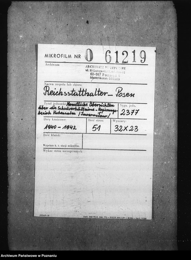 Obraz 2 z jednostki "Monatliche übersichten über die Schulverhältnisse- Regierungsbezirk Hohensalza (Inowrocław)"