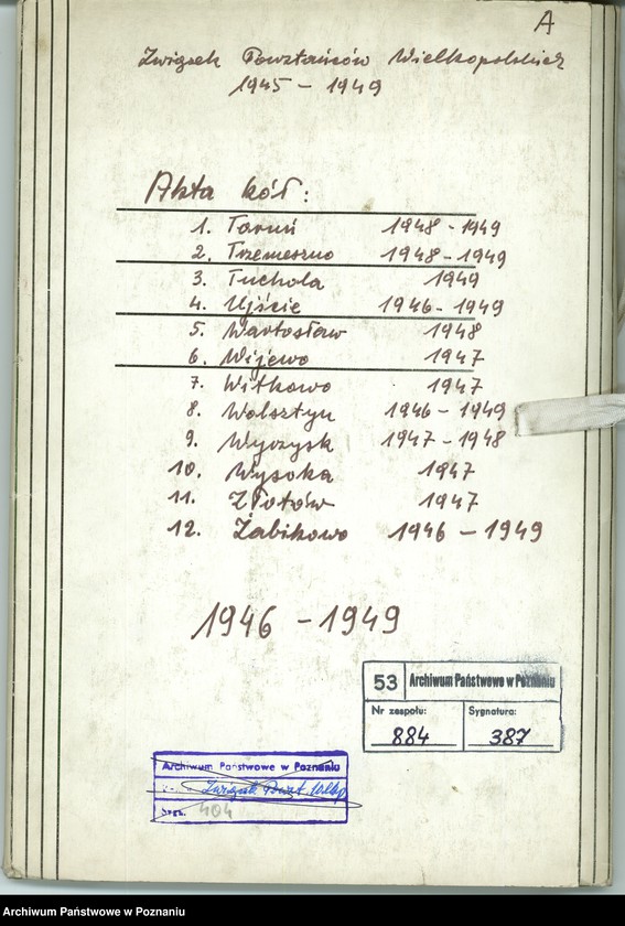 Obraz 2 z jednostki "Współdziałanie Zarządu Głównego Związku Powstańców Wielkopolskich z kołami: 1. Toruń [1948-1949] 2. Trzemeszno [1948-1949] 3. Tuchola [1949] 4. Ujście [1946-1949] 5. Wartosław [1948] 6. Wiejewo [1947] 7. Witkowo [1947] 8. Wolsztyn [1946-1949] 9. Wyrzysk [1947-1948] 10. Wysoka [1947] 11. Złotów [1947] 12. Żabikowo [1946-1949]"