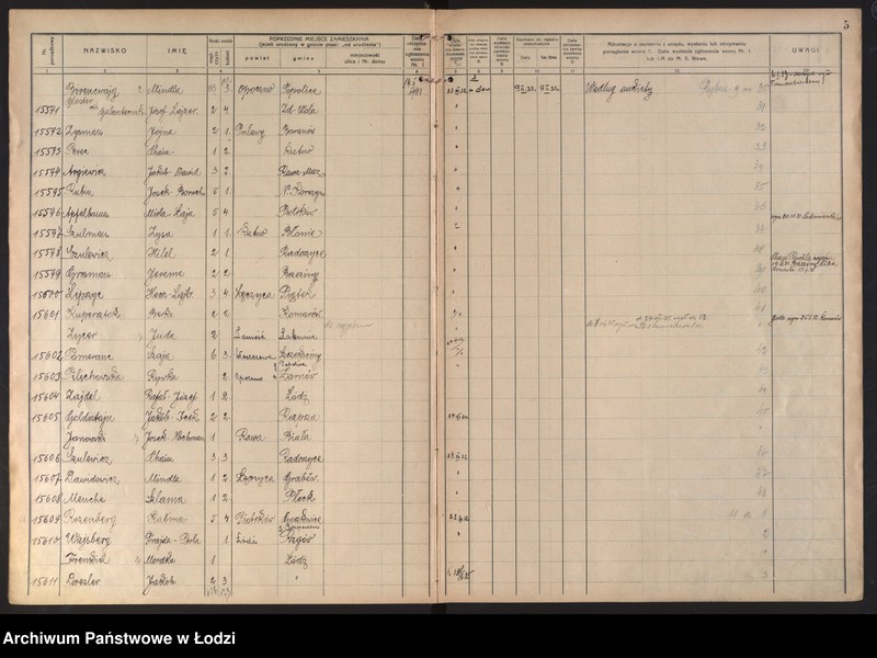 Obraz 9 z jednostki "Księga kontroli ruchu ludności (rejestr osób przybywających do gminy) Łódź, komisariat III, ks. VIII, nr 15533-17398"