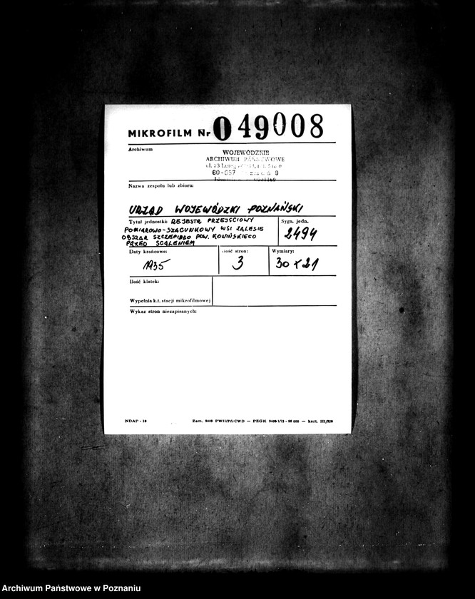 Obraz 2 z jednostki "Rejestr przejściowy pomiarowo-szacunkowy wsi Zalesie- obszar Szczepidło powiatu konińskiego przed scaleniem"