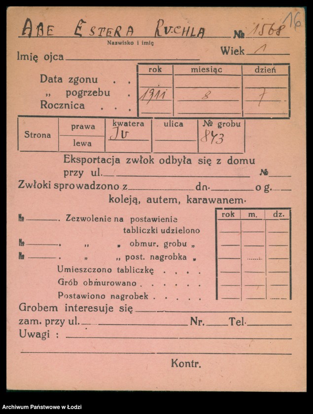 Obraz 17 z jednostki "Kartoteka osób pochowanych na cmentarzu żydowskim przy ulicy Brackiej w latach 1892-1959. Nazwiska na literę A"