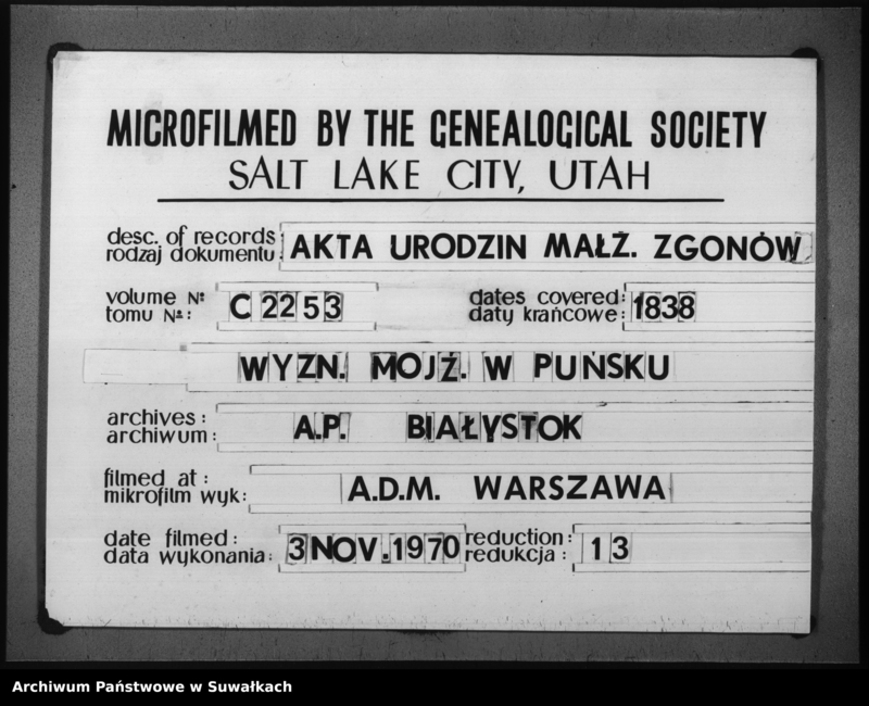 image.from.unit.number "Duplikat Aktów Urodzonych, Umarłych i Zaślubionych Urzędnika Stanu Cywilnego Wyznania Mojżeszowego Okręgu Puńsk z roku 1838."