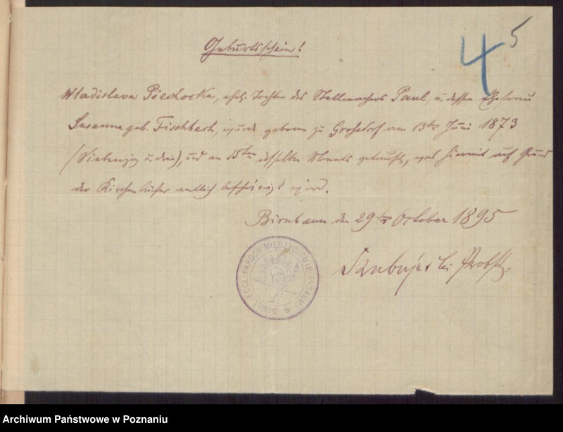 Obraz 7 z jednostki "Die von den Verlobten beigebrachten Urkunden zur Eheschliessung pro 1895"