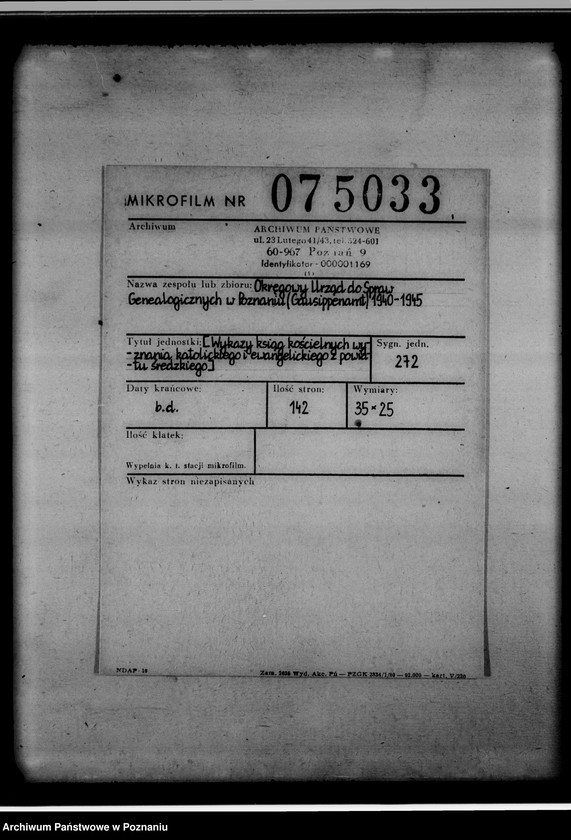 Obraz 2 z jednostki "[Wykaz ksiąg kościelnych wyznania katolickiego i ewangelickiego z powiatu średzkiego]"